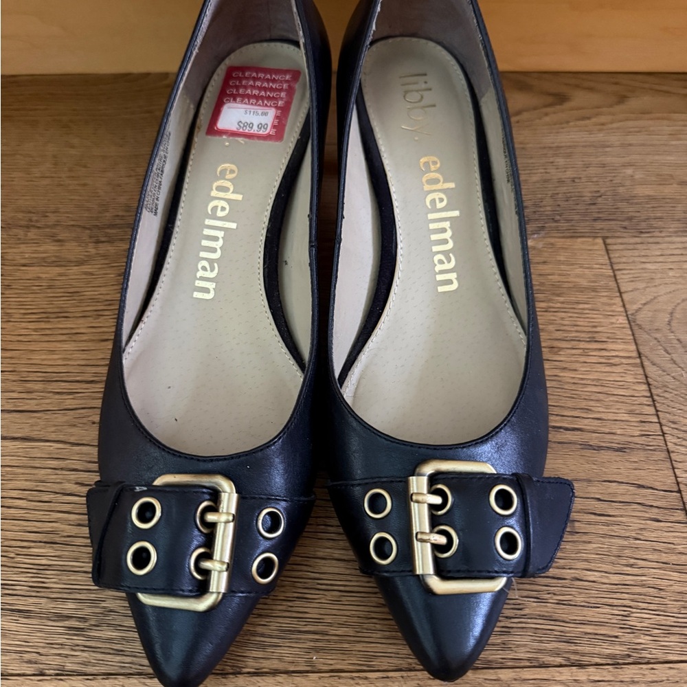 libby. edelman Black Pointed Toe Shoes 2”Heel with Gold Buckle Detail